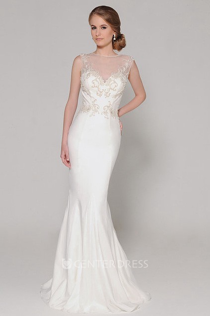 High-Neck Beaded Bodice Chiffon Gown