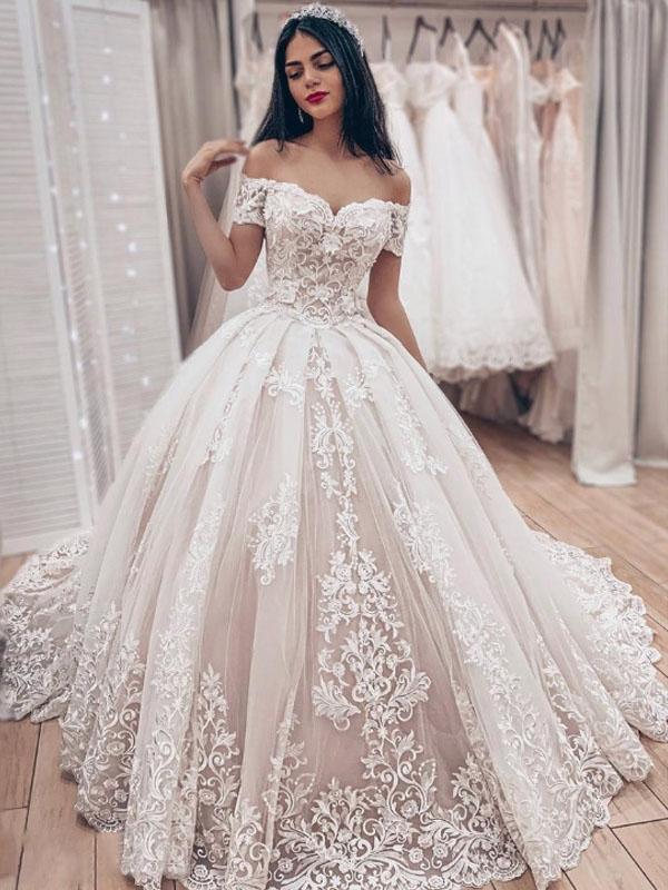 Off the Shoulder Evening Gown with Lace Applique